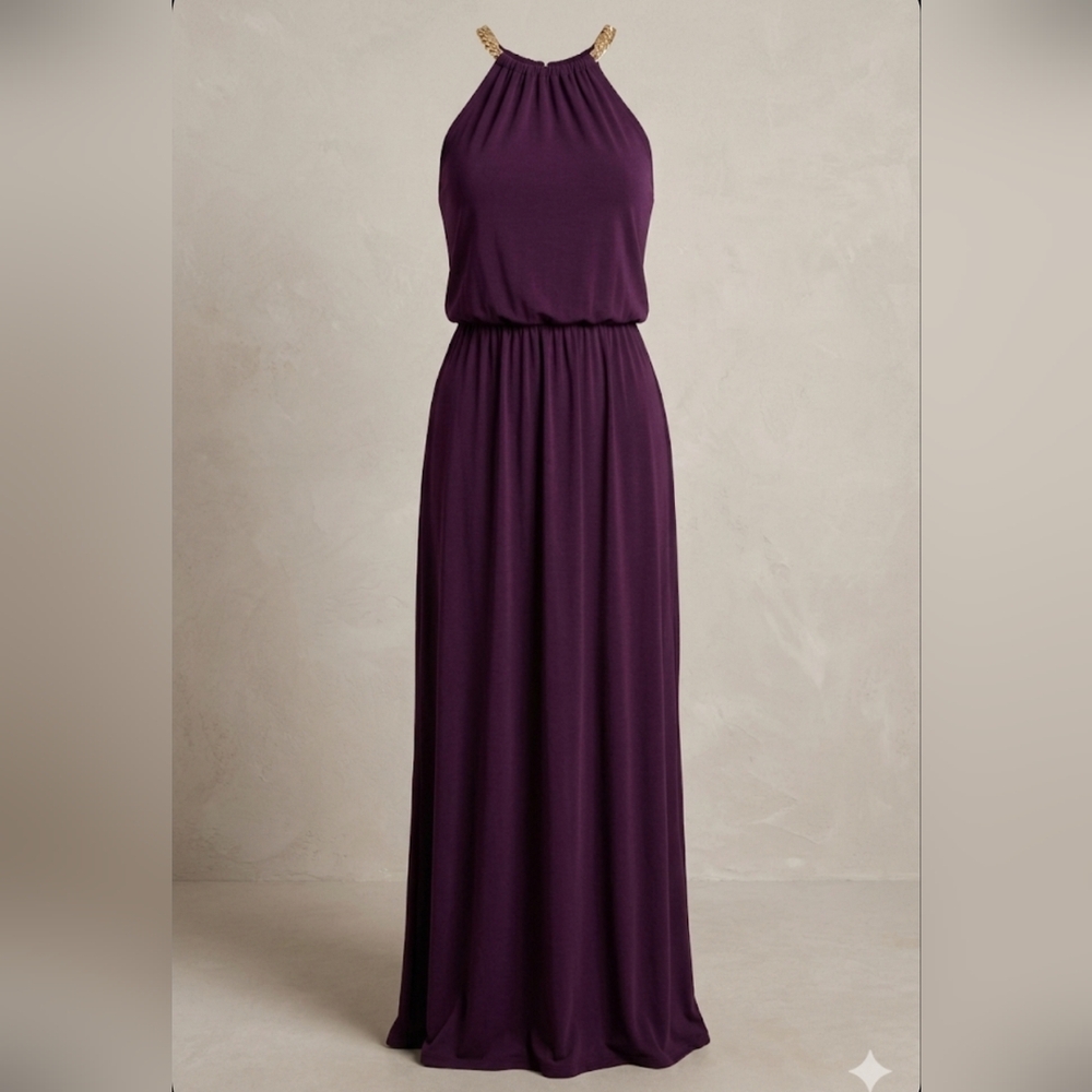 Vintage 90s Purple Halter Maxi Dress Gold Omega Collar Straps S/M